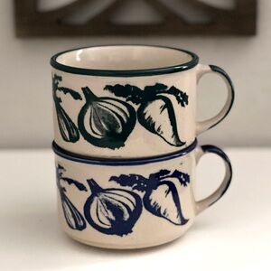 Vintage Soup Mugs Stoneware Ceramic Set of 2 Blue & Green Vegetable Pattern